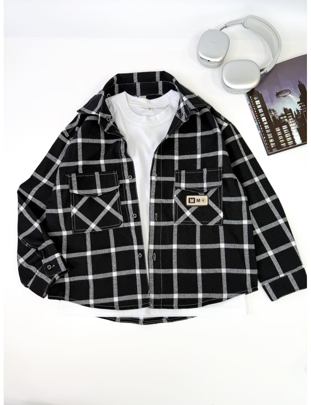 Рубашка и лонгслив для подростка черная клетка крупная