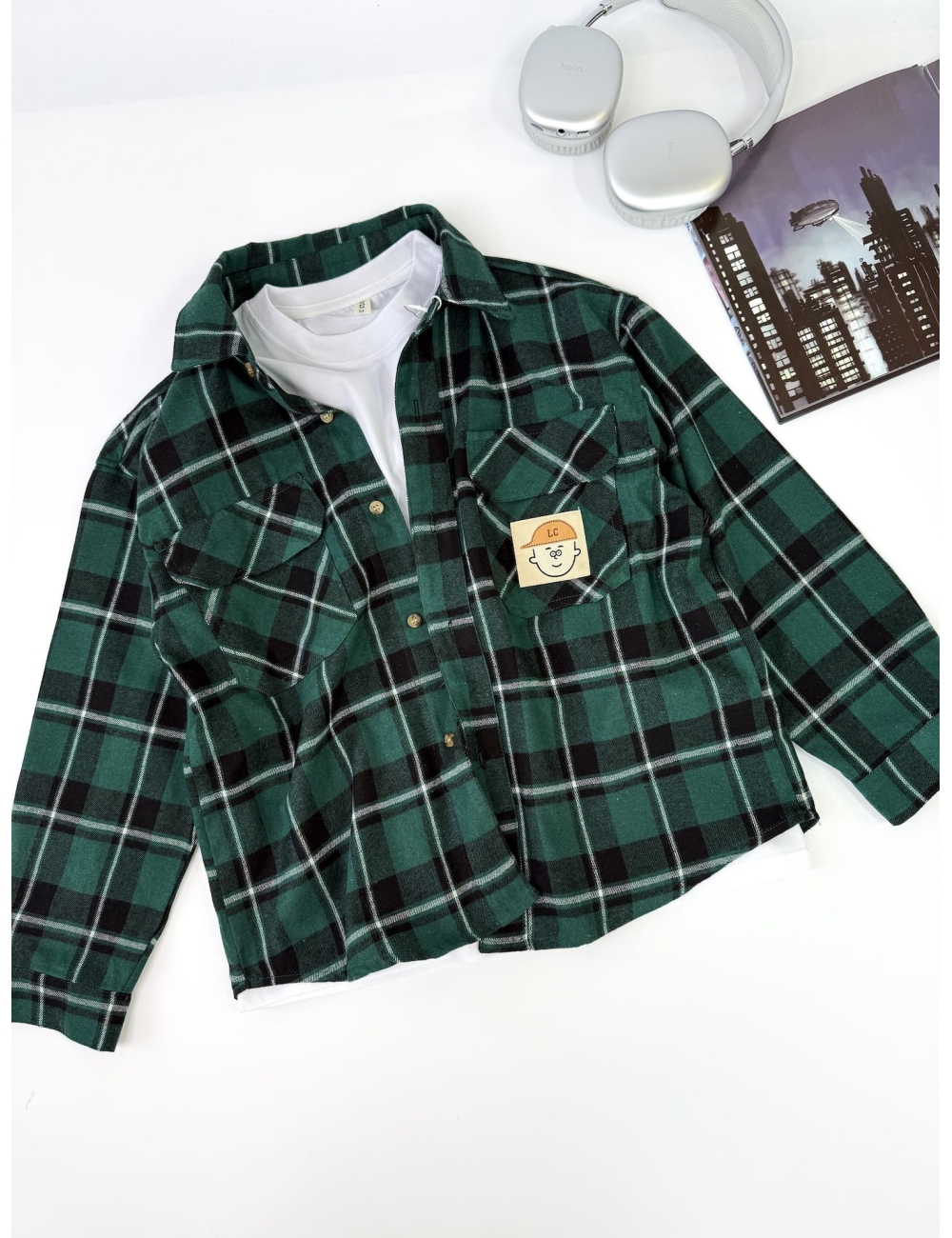 Сорочка і лонгслів для підлітка клітинка зелена крупна