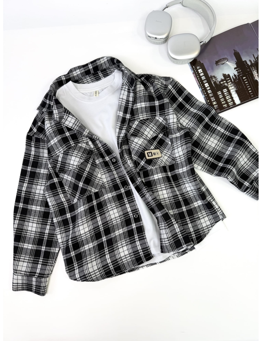 Рубашка и лонгслив для подростка черная клетка мелкая