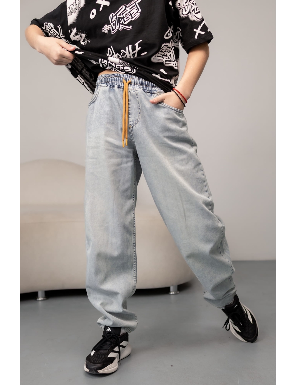 Джинсы для мальчика Altun Скейтери голубые желтый шнурок