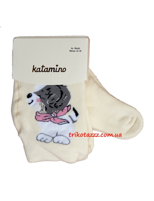 Детские махровые колготки для девочки кремовые тм"Katamino" Suzzy Baby Собачка на кремовом